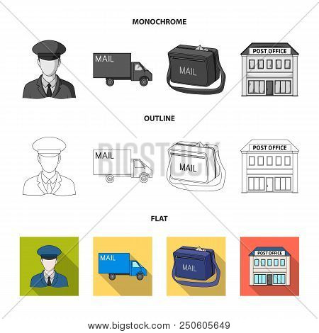 The Postman In Uniform, Mail Machine, Bag For Correspondence, Postal Office.mail And Postman Set Col