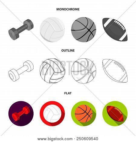 Blue Dumbbell, White Soccer Ball, Basketball, Rugby Ball. Sport Set Collection Icons In Flat, Outlin