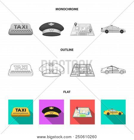Yellow Taxi Inscription, A Cap With A Taxi Badge, A Map With A Mark, A Car With Checkers. Taxi Set C