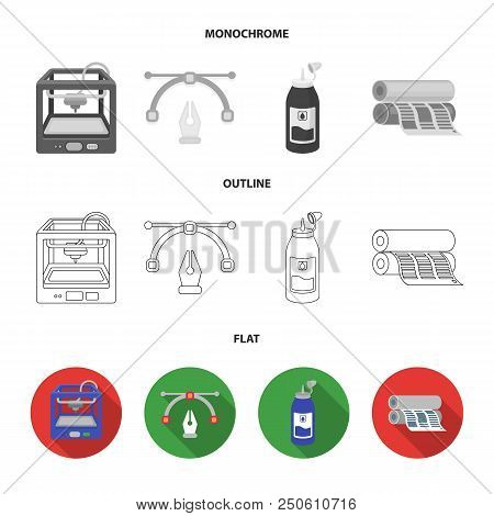3d Printer, Newspaper Printer, Ink, Pen. Typography Set Collection Icons In Flat, Outline, Monochrom