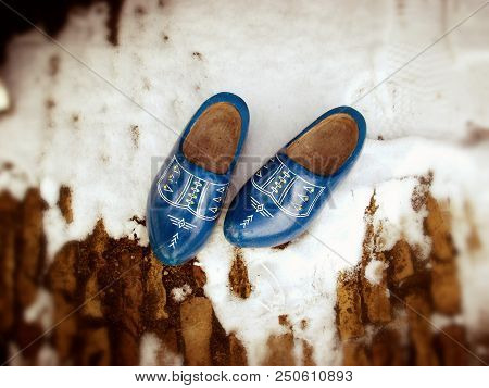 Blue White Decorated Wooden Clogs In Village Zaanse Schans In Netherlands