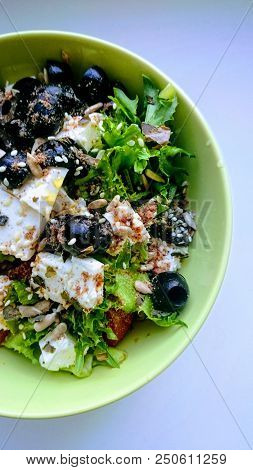 Fresh Vegetable Greek Salad Green Bowl, Top View