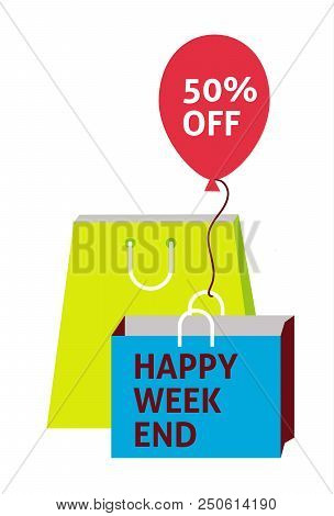 50% Off - Happy Week End Label, Flat Vector Illustration For Graphic And Web Design