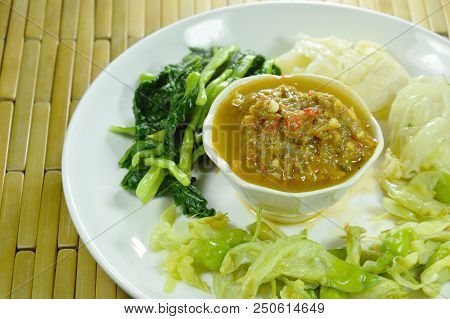 Horseshoe Crab Chili Paste Eat Couple With Variety Boiled Vegetable On White Plate