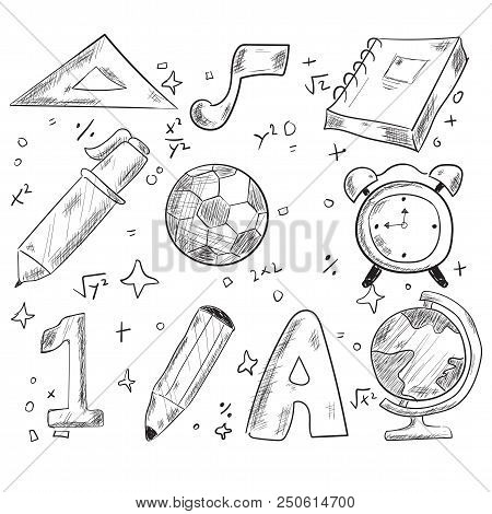 Back To School Handraw Doodle Elements Ball, Number, Pencil, Rulers, Book, Globe, Map