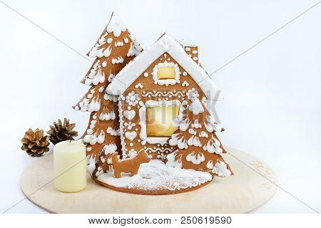 Homemade Delicious Merry Christmas Gingerbread House On Light Background