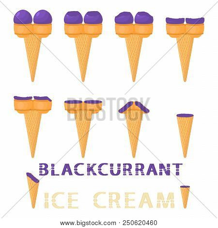 Vector Illustration For Natural Blackcurrant Ice Cream On Waffle Cone. Ice Cream Pattern Consisting 