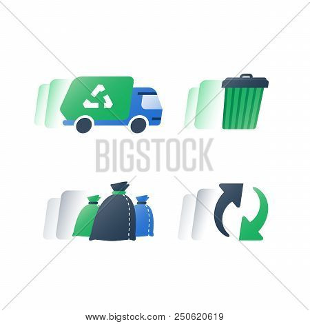 Garbage Removal Green Truck, Fast Service, Collect Rubbish, Waste Bin And Litter Bags, Recycle Progr