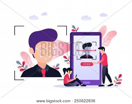 Smartphone Scans A Man Face. Biometric Identification. Facial Recognition System Concept. Mobile App
