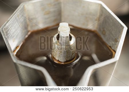 Traditional Italian Moka Machine With Fresh Hot Coffee Coming Up.