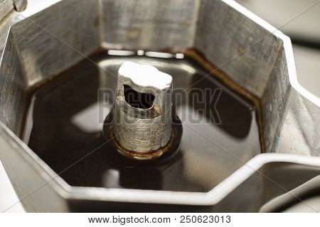 Traditional Italian Moka Machine With Fresh Hot Coffee Coming Up.