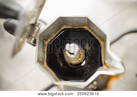 Traditional Italian Moka Machine With Fresh Hot Coffee Coming Up.