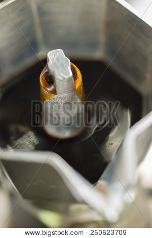 Traditional Italian Moka Machine With Fresh Hot Coffee Coming Up.