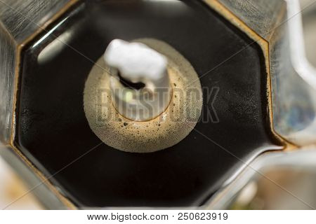 Traditional Italian Moka Machine With Fresh Hot Coffee Coming Up.