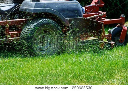Closeup Of Grassmower Cutting The Grass With A Lawn Mower