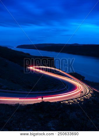 Twilight Light Trails Heading Down To Wanapum, Washington