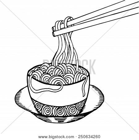 Black And White Doodle Noodle At Bowl And Stick. Hand Drawing