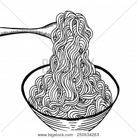Black And White Doodle Noodle At Bowl. Hand Drawing