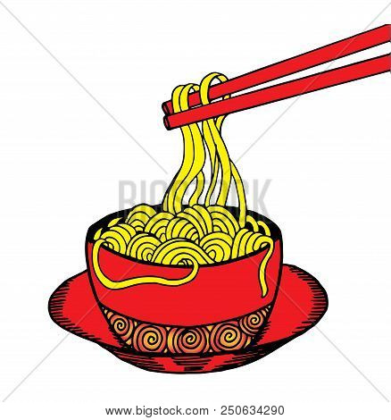 Doodle Noodle At Bowl And Stick. Hand Drawing