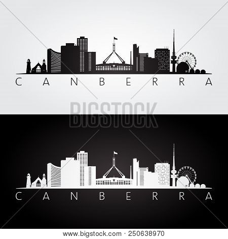 Canberra Skyline And Landmarks Silhouette, Black And White Design, Vector Illustration.