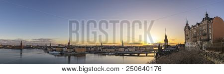 Stockholm Sunrise City Skyline Panorama At Gamla Stan And Slussen, Stockholm Sweden