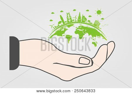 The World In Your Hands Ecology Concept.green Cities Help The World With Eco-friendly Concept Idea.w