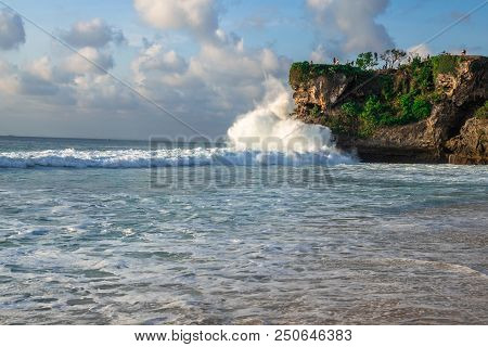 Sea Waves Splashing At The Rocks In Barbados, Green Lush Nature