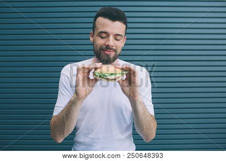 Bearded Man Is Holding Burger With Both Hands. He Is Looking At It And Smiling. Isolated On Striped 