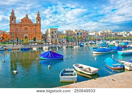Msida, Malta - April 3, 2014: Parish Church At Msida Marina Harbor On Malta Island.
