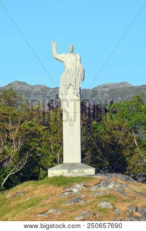 King Olav V of Norway (was King of Norway from 1957 to 1991) monument. June 26,2018. Sognefjord near Bergen,Norway
