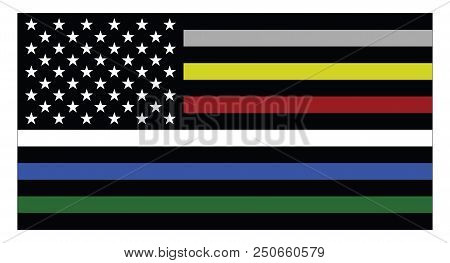 United States Of America Flag With Colored Lines Represent Corrections, Dispatchers, Firefigters, Em