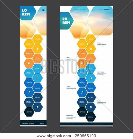 One Page Website Design Template With Blurred Sunset Image Header, Hexagonal Pattern - Desktop And M