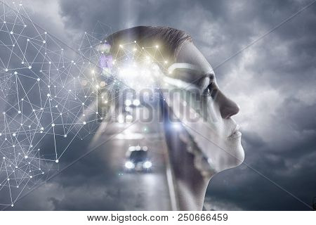 Woman Thinks On A Background Of Sky And Road. The Concept Of Thinking.