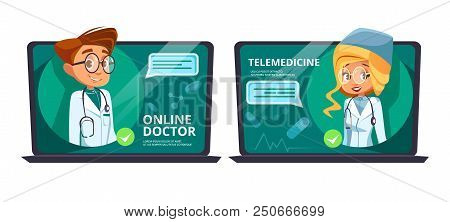 Online Doctor Telemedicine Cartoon Illustration. Remote Medical Assistance Technology And Digital We