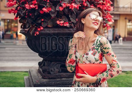Young Woman Wearing Classic Dress With Accessories Outdoors. Stylish Outfit. Fashionable Look. Lady 