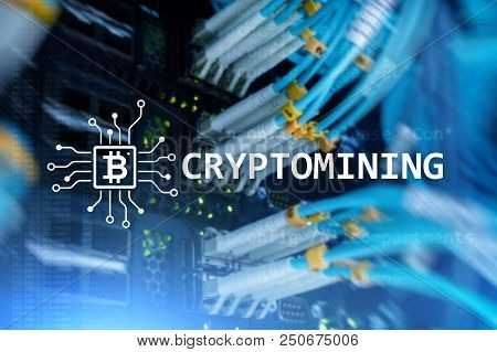 Cryptocurrency Mining Concept On Server Room Background.