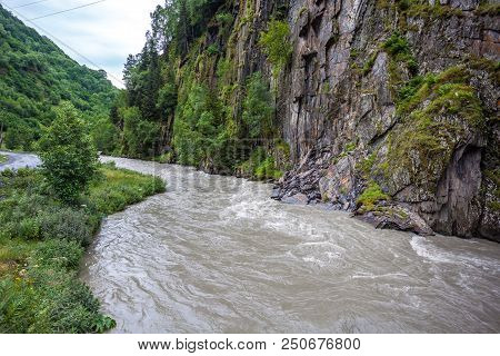 Enguri River Among The Cliffs, Svaneti, Georgia.