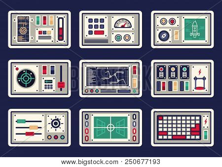 Different Control Panels, Consoles, Buttons And Devices, Radar For Spacecraft