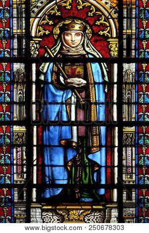 PARIS, FRANCE - JANUARY 05: Saint Radegund, stained glass window in the Basilica of Saint Clotilde in Paris, France on January 05, 2018.