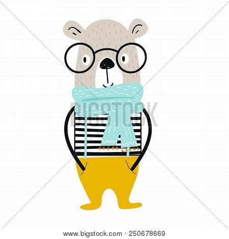 Cute Hand Drawn Nursery Poster With Cartoon Cool Bear Animal With Glasses And Vest. Vector Illustrat
