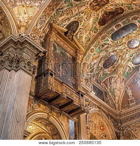 Bergamo, Italy - May 10, 2018: Ceiling And Stucco Ornaments, Murals In The Basilica Of Santa Maria M