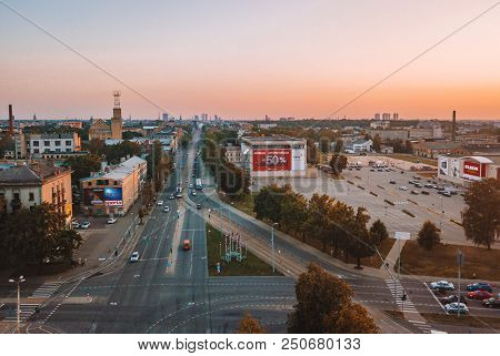 Riga, Latvia. July 20, 2018. Aerial Sunset View Over Riga Near Jauna Teika District By The Vef Castl