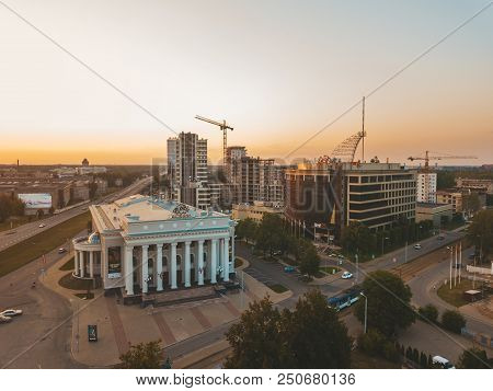 Riga, Latvia. July 20, 2018. Aerial Sunset View Over Riga Near Jauna Teika District By The Vef Castl