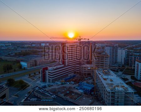 Riga, Latvia. July 20, 2018. Aerial Sunset View Over Riga Near Jauna Teika District By The Vef Castl
