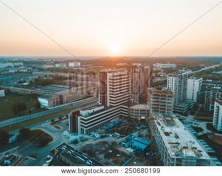 Riga, Latvia. July 20, 2018. Aerial Sunset View Over Riga Near Jauna Teika District By The Vef Castl