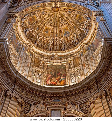 Bergamo, Italy - May 10, 2018: Ceiling And Stucco Ornaments, Murals In The Basilica Of Santa Maria M