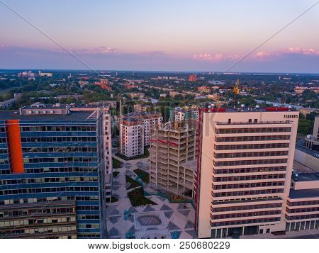 Riga, Latvia. July 20, 2018. Aerial Sunset View Over Riga Near Jauna Teika District By The Vef Castl