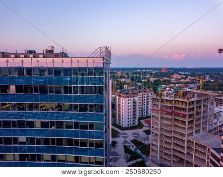 Riga, Latvia. July 20, 2018. Aerial Sunset View Over Riga Near Jauna Teika District By The Vef Castl