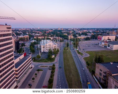 Riga, Latvia. July 20, 2018. Aerial Sunset View Over Riga Near Jauna Teika District By The Vef Castl