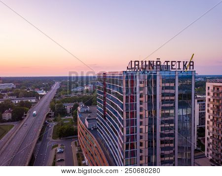 Riga, Latvia. July 20, 2018. Aerial Sunset View Over Riga Near Jauna Teika District By The Vef Castl